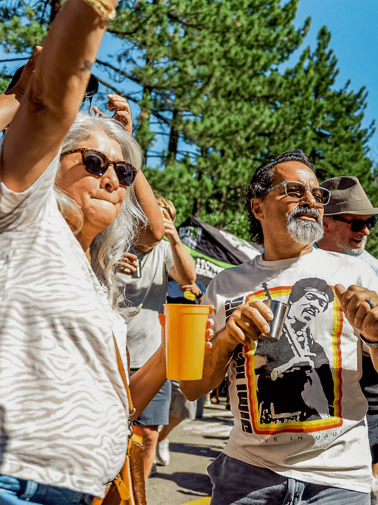 Outdoor festival attendees enjoying live music and drinks in a sunny park setting.