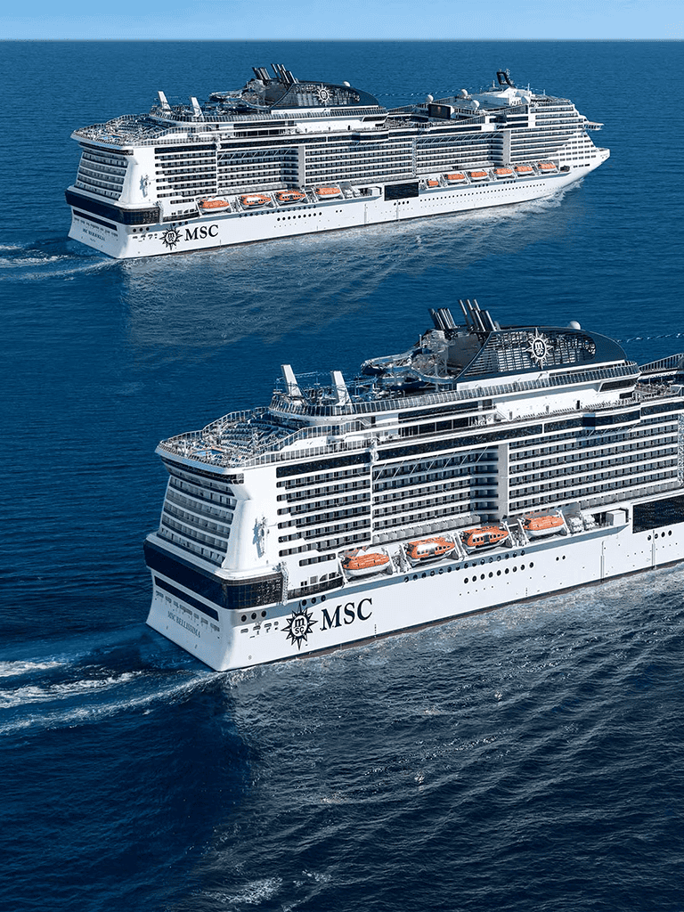 Luxury MSC cruise ships sailing in open ocean, travel, relaxation, ocean voyage, cruise vacation, maritime adventure, cruise liner, ocean travel, premium cruise experience, maritime tourism.