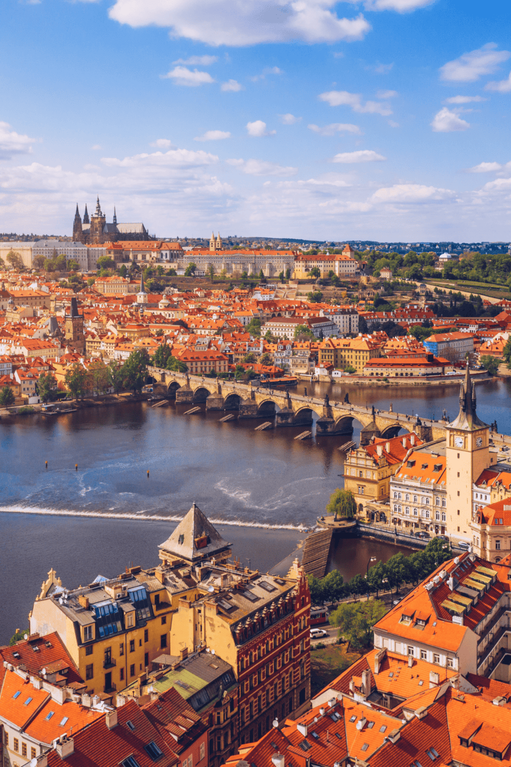 Vibrant aerial view of Prague, showcasing historic architecture, the Charles Bridge, and the Prague Castle skyline.