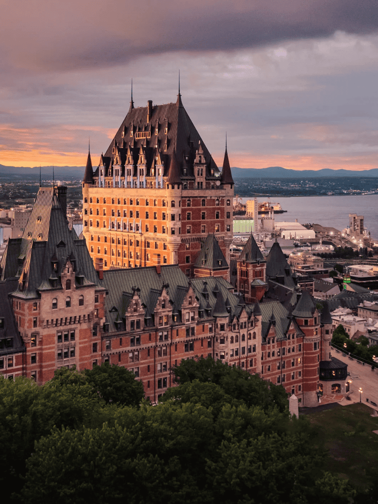 Castle in Quebec City at sunset, historic architecture and scenic views.