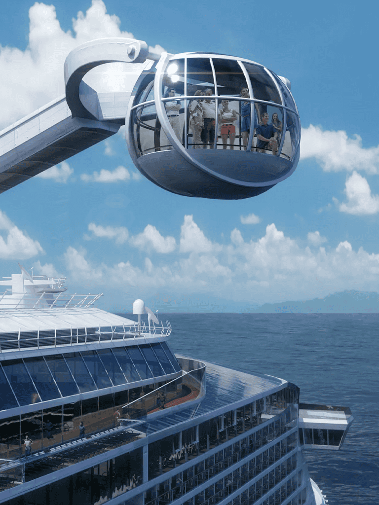 Futuristic cruise ship with sky gondola, panoramic views, luxury travel, and modern design.