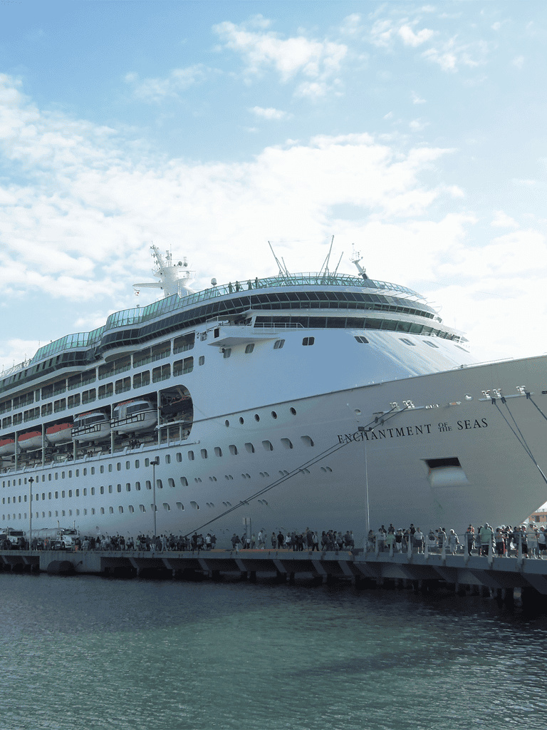 Luxury cruise ship docked at port with embarking passengers for destination travel.