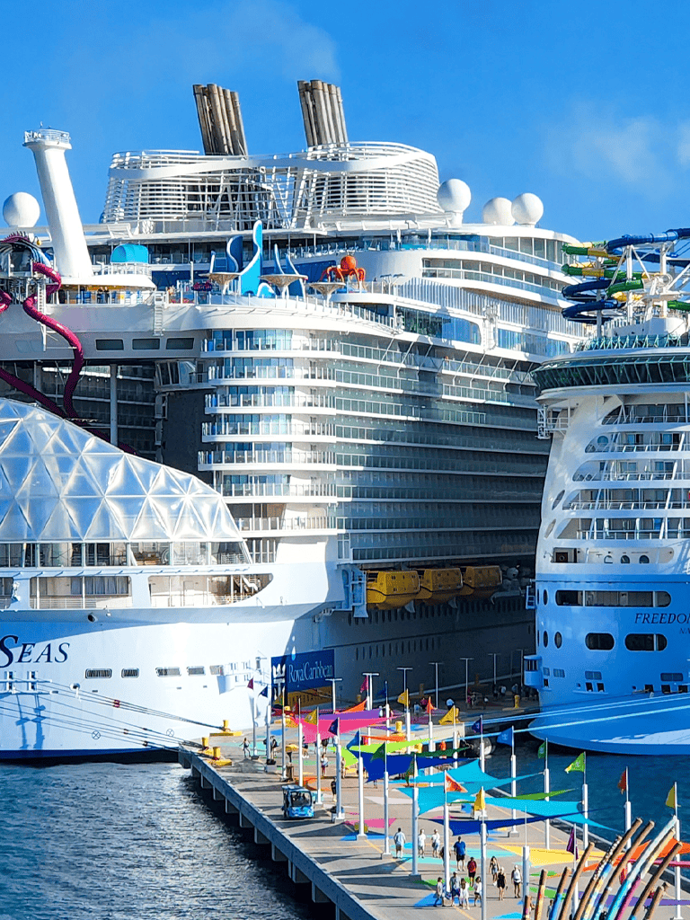 Luxury cruise ships at port with water slides on deck.