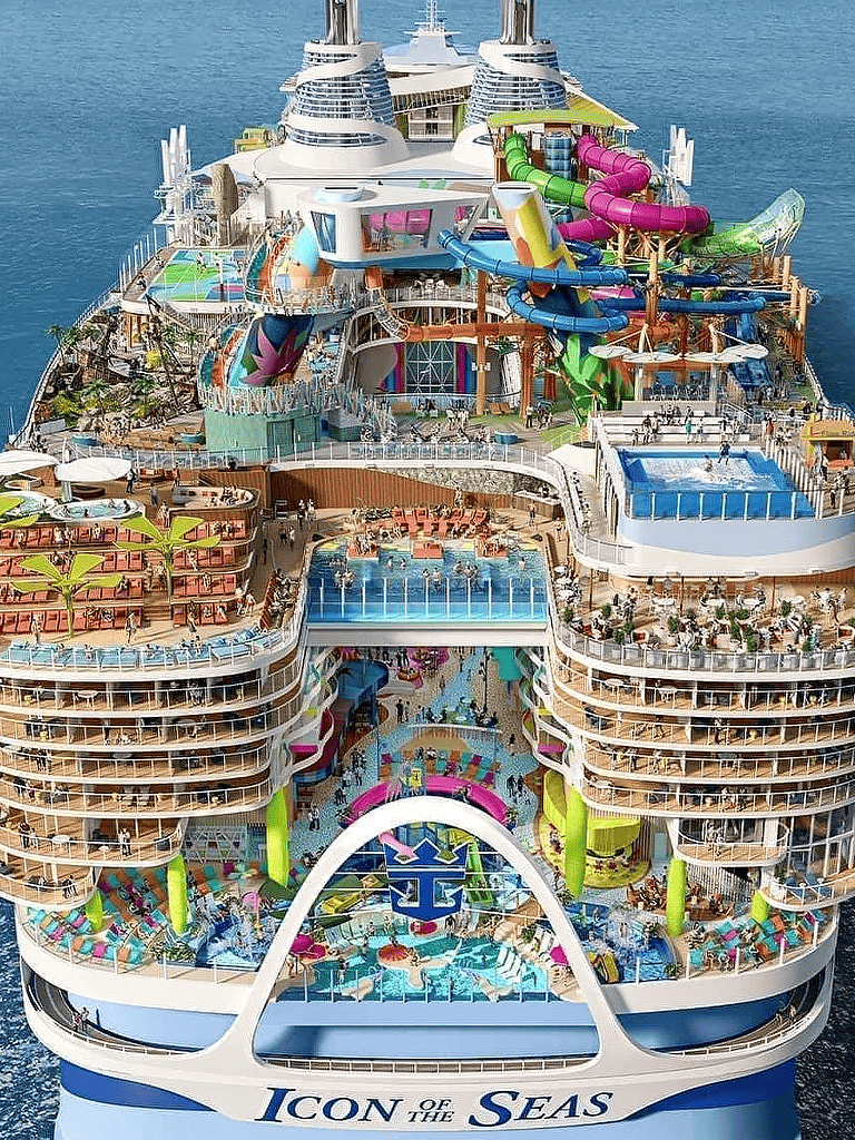 Bright cruise ship with water slides and pools, Icon of the Seas, onboard amenities, maritime entertainment, luxury cruising.