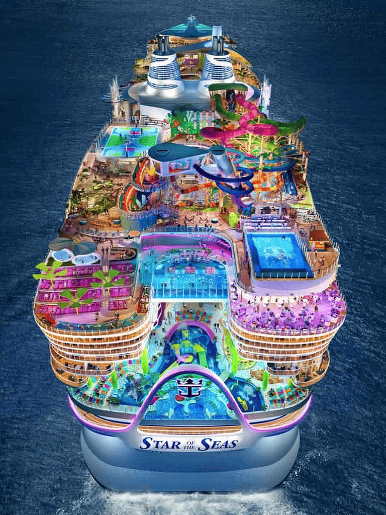Brightly colored cruise ship with water slides, pools, and entertainment areas named "Star of the Seas".