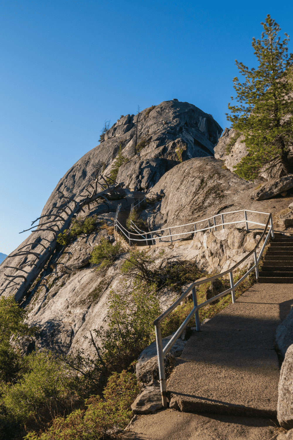 Climbing trail on a rocky mountain with railings and stairs, part of Yosemite National Park.