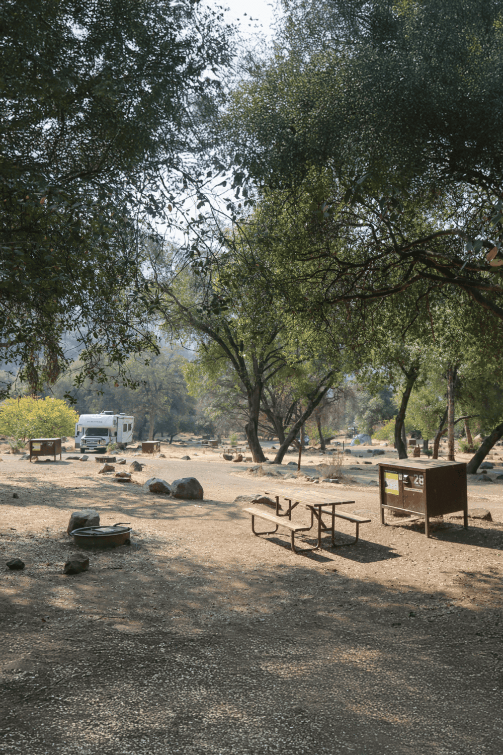 Quiet campsite with trees, picnic table, and RV in a scenic outdoor location.