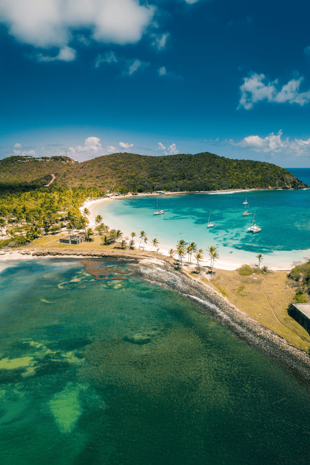 Crystal-clear Caribbean beach with sailboats and lush green hills, perfect for vacation planning.