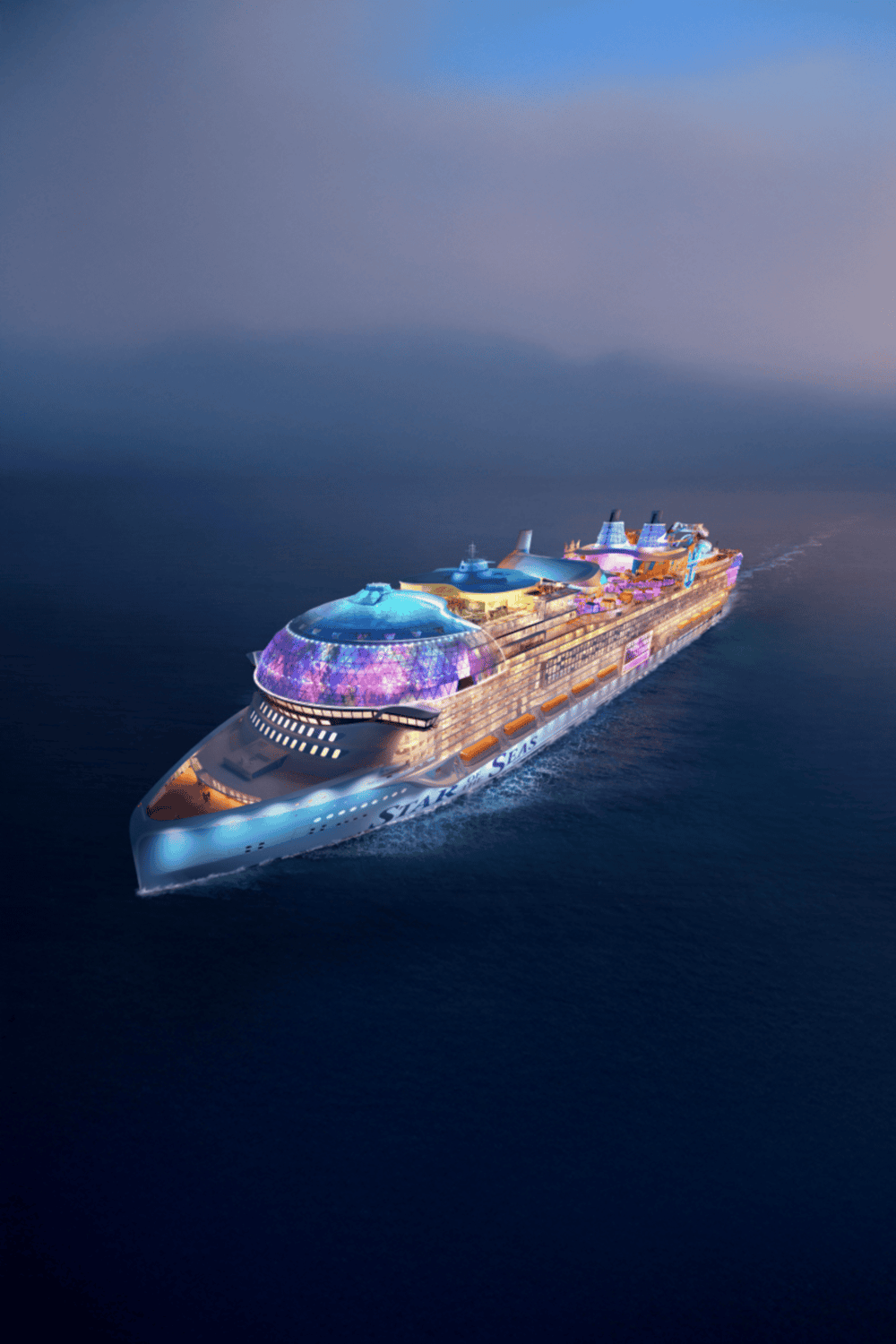 Luxury cruise ship illuminated at sea in the evening.