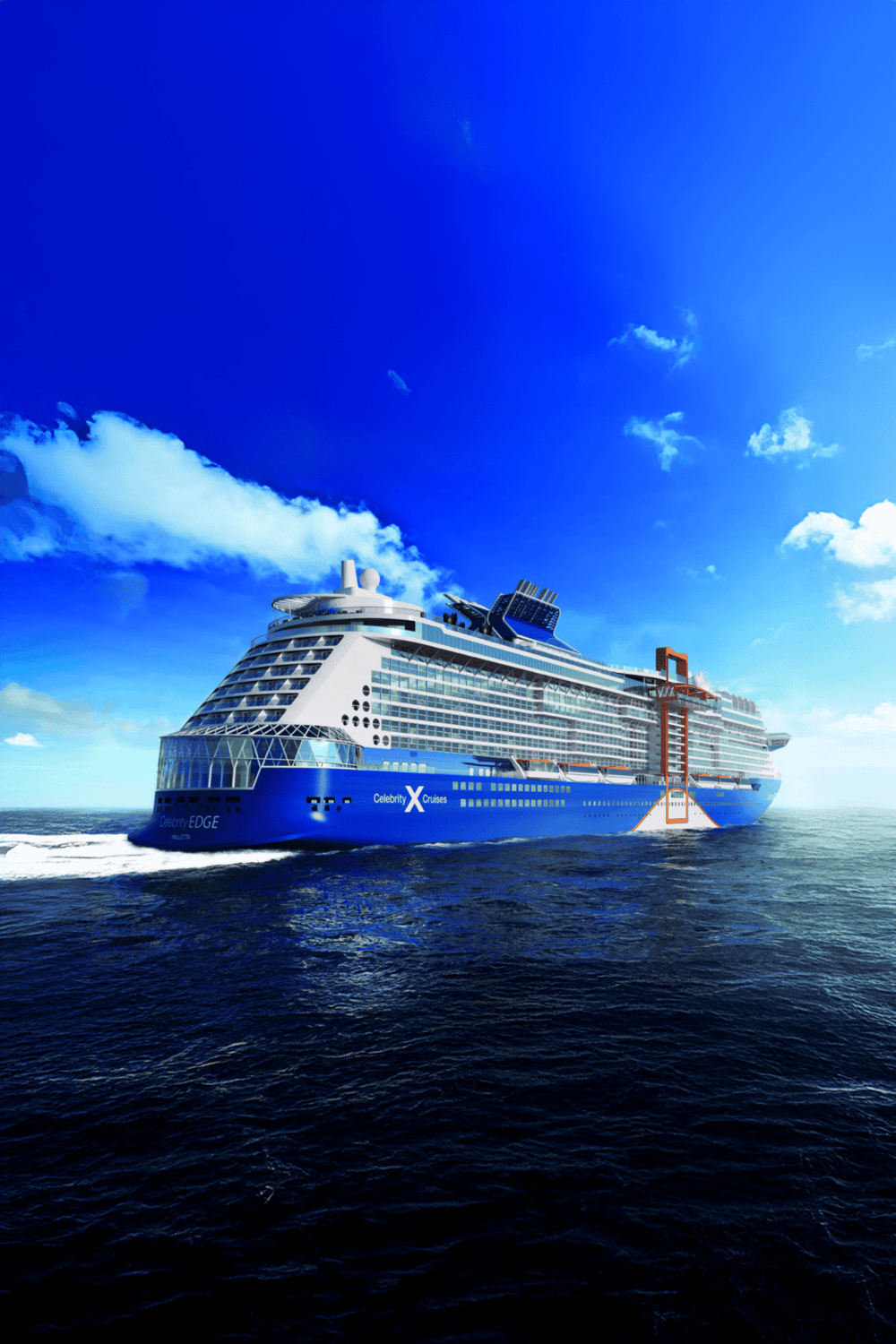 Luxury cruise ship on ocean, Celebrity Cruises, travel vacation, modern cruise vessel.