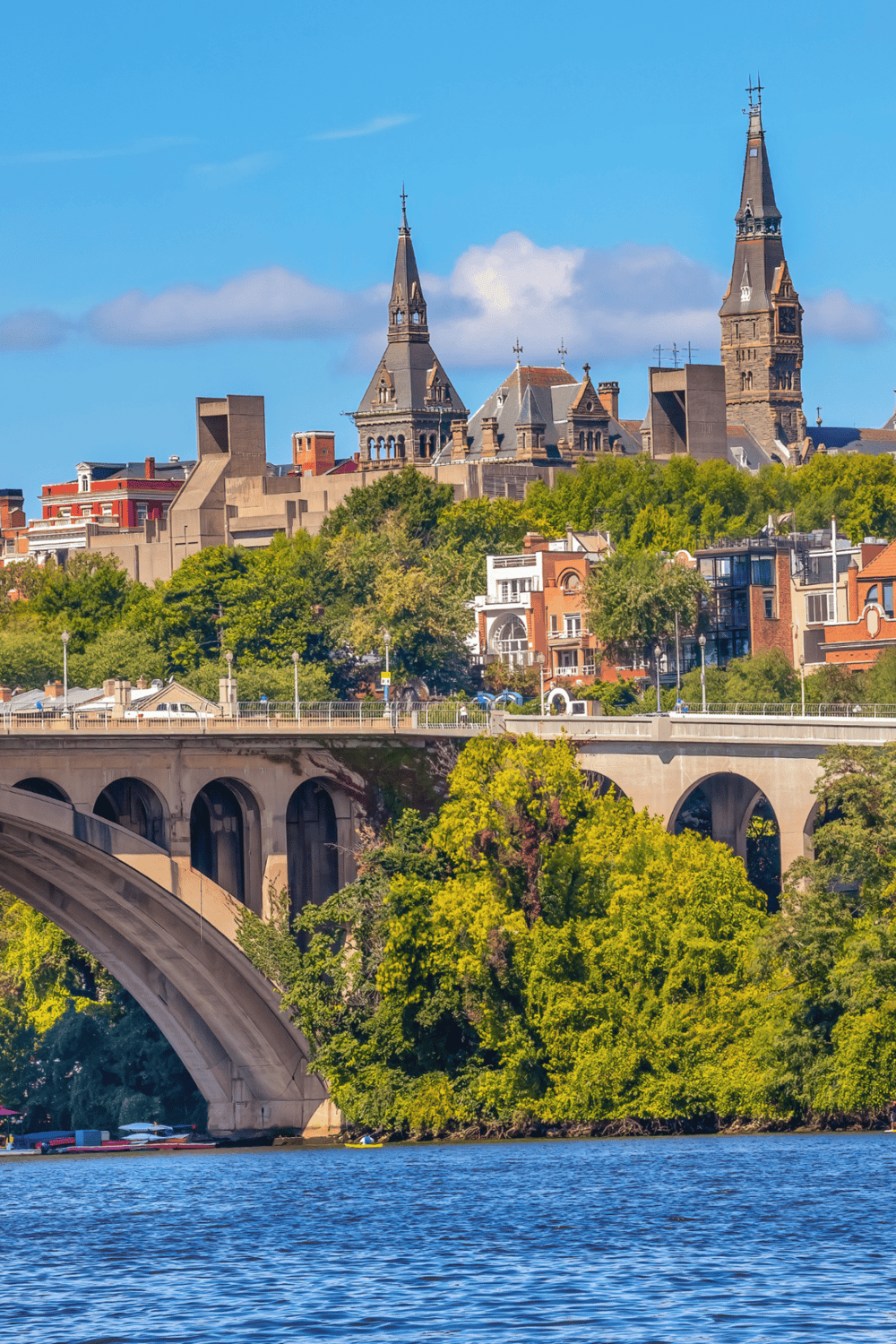 Colorful city skyline with historic buildings, green trees, and a bridge over a river, ideal for travel and navigation.