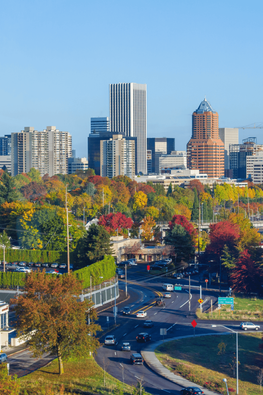 Vibrant city skyline with colorful autumn trees and busy streets showcasing urban navigation in Boise.