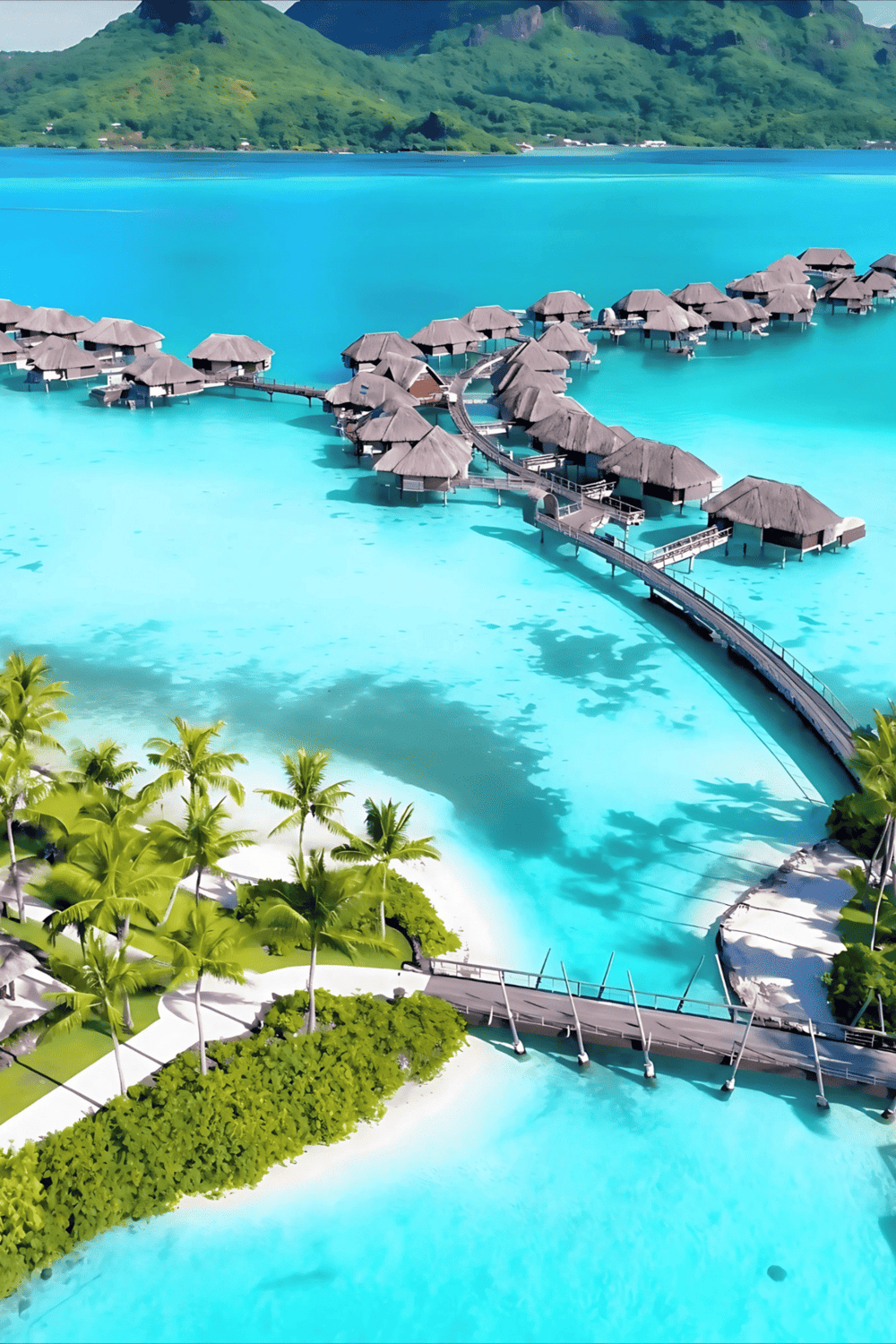 Overwater bungalows resort in crystal-clear turquoise lagoon with lush green islands in the background.