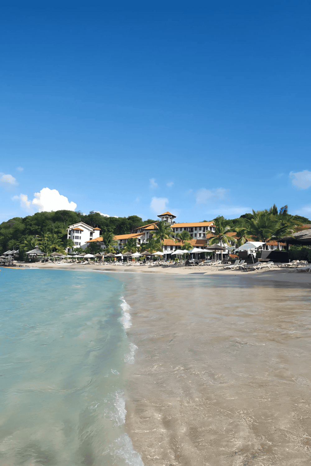 Beachside resort with white sand and clear blue water, lush greenery, and tropical palm trees.