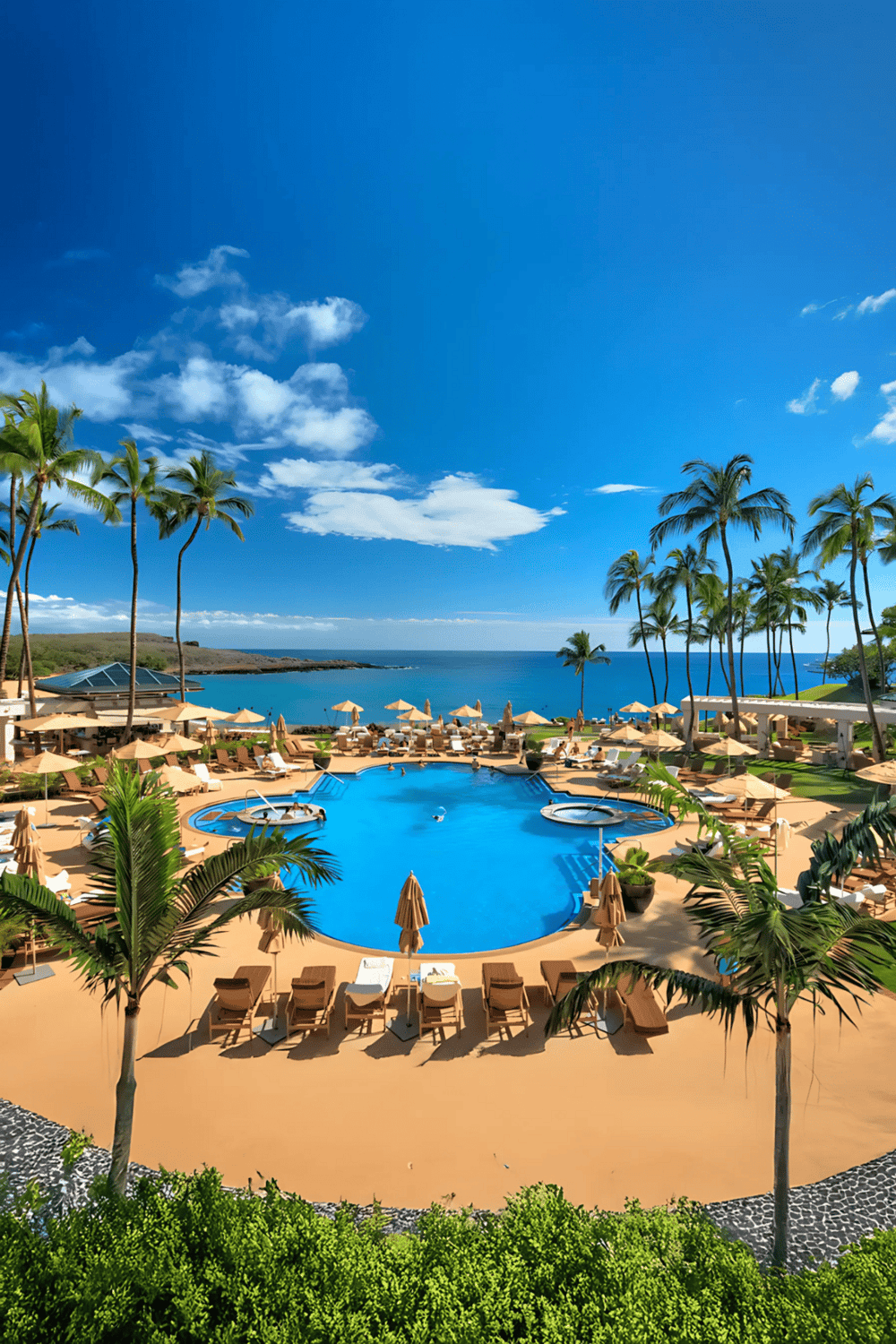 Luxurious resort pool with palm trees and ocean view, perfect for relaxation and vacation.