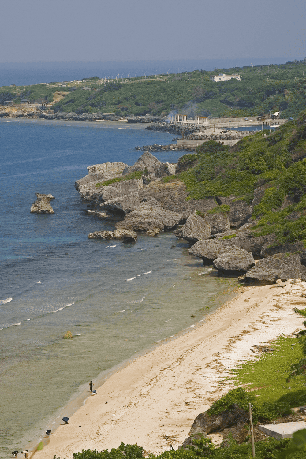 Seaside coastal view with rocky shoreline, green vegetation, and distant ocean horizon.