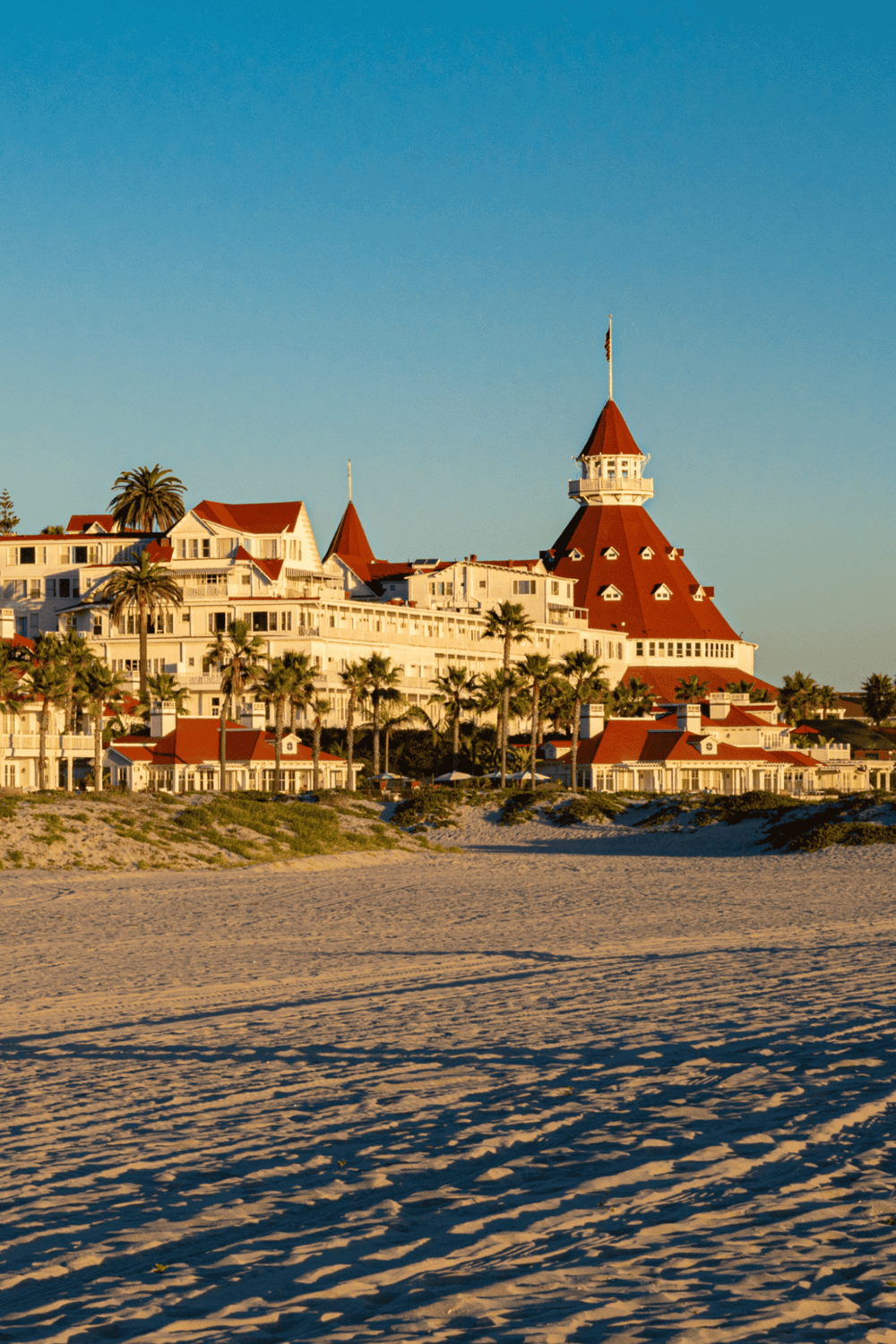 Luxurious hotel on Santa Monica Beach with scenic ocean views and vibrant palm trees.