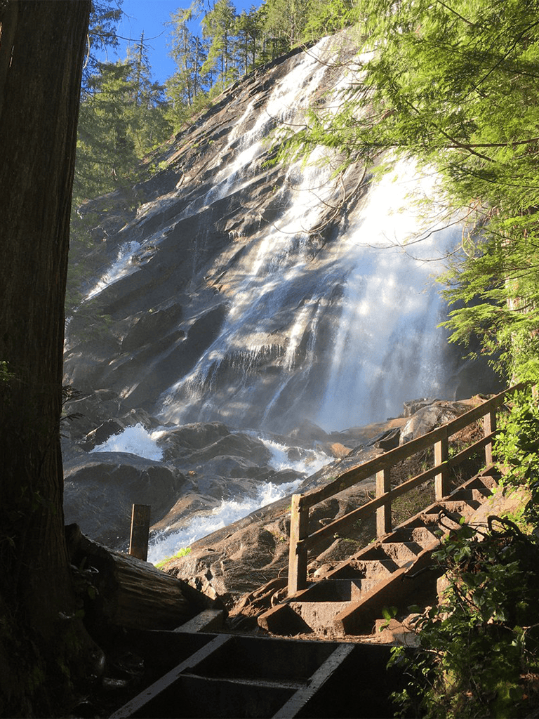 Waterfall in lush forest with wooden staircase, scenic nature view, popular outdoor destination, QuestForDirections.