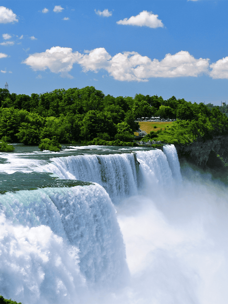 Breathtaking view of Niagara Falls with lush green trees under a bright blue sky.
