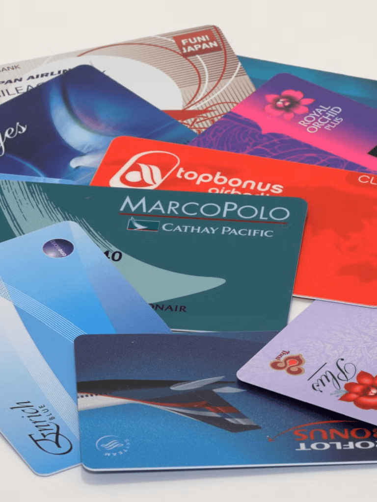 Premium airline and loyalty program cards for travel rewards and frequent flyer miles.