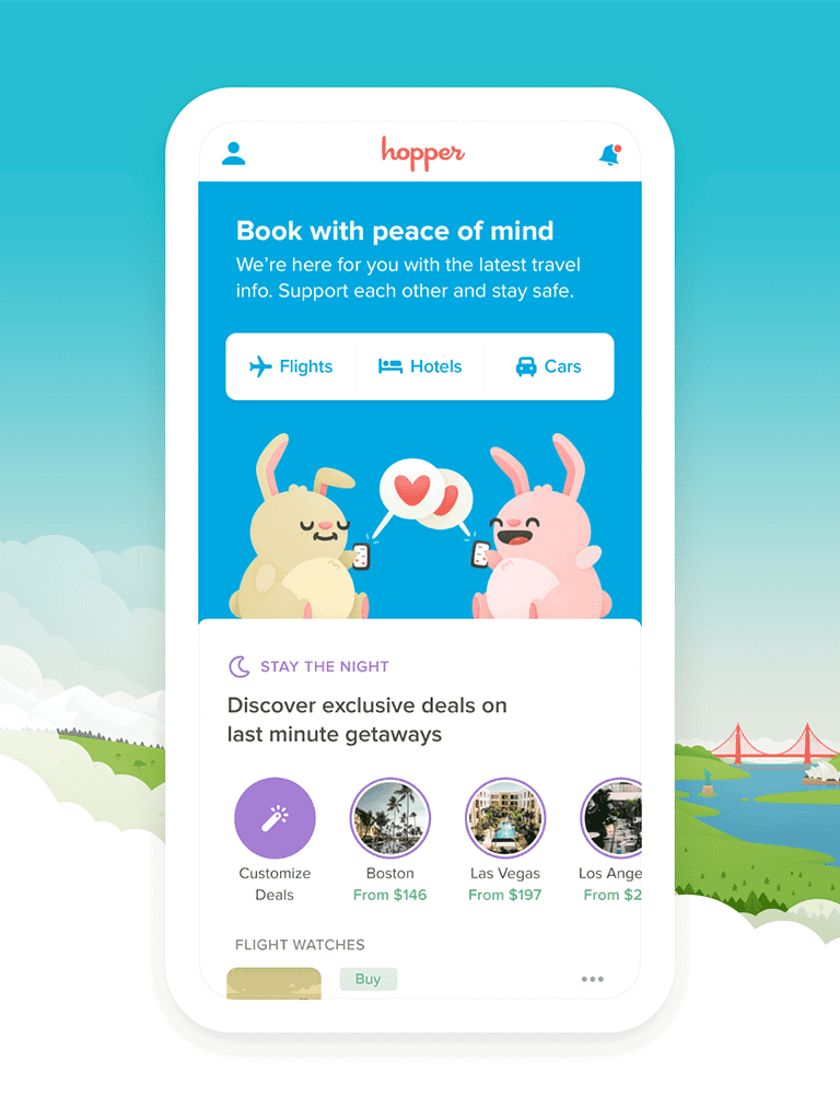 Easy travel booking app interface with flight, hotel, and car options, featuring cute animated bunnies.
