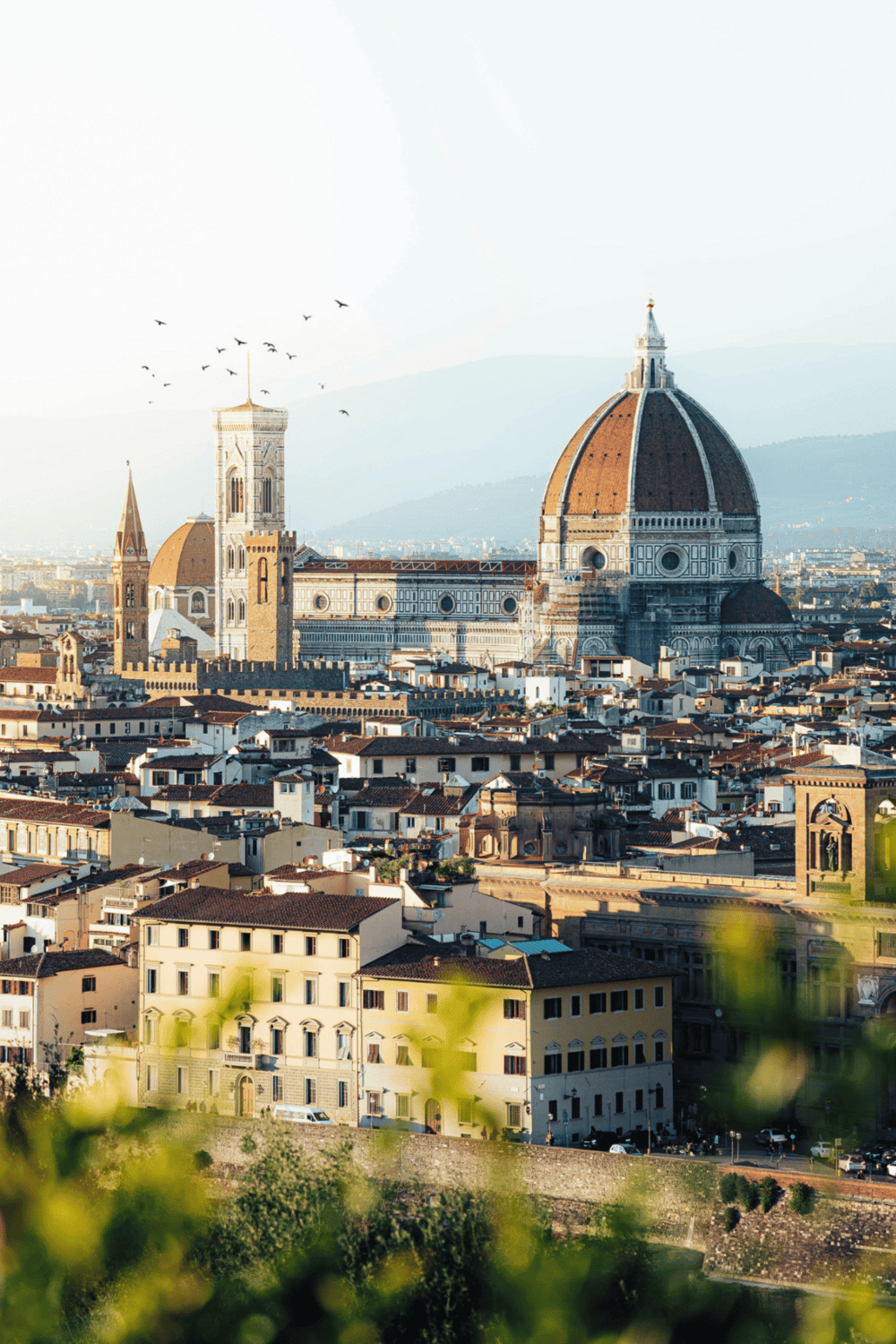 Panoramic view of Florence with the Florence Cathedral, historic architecture, and cityscape in Italy.