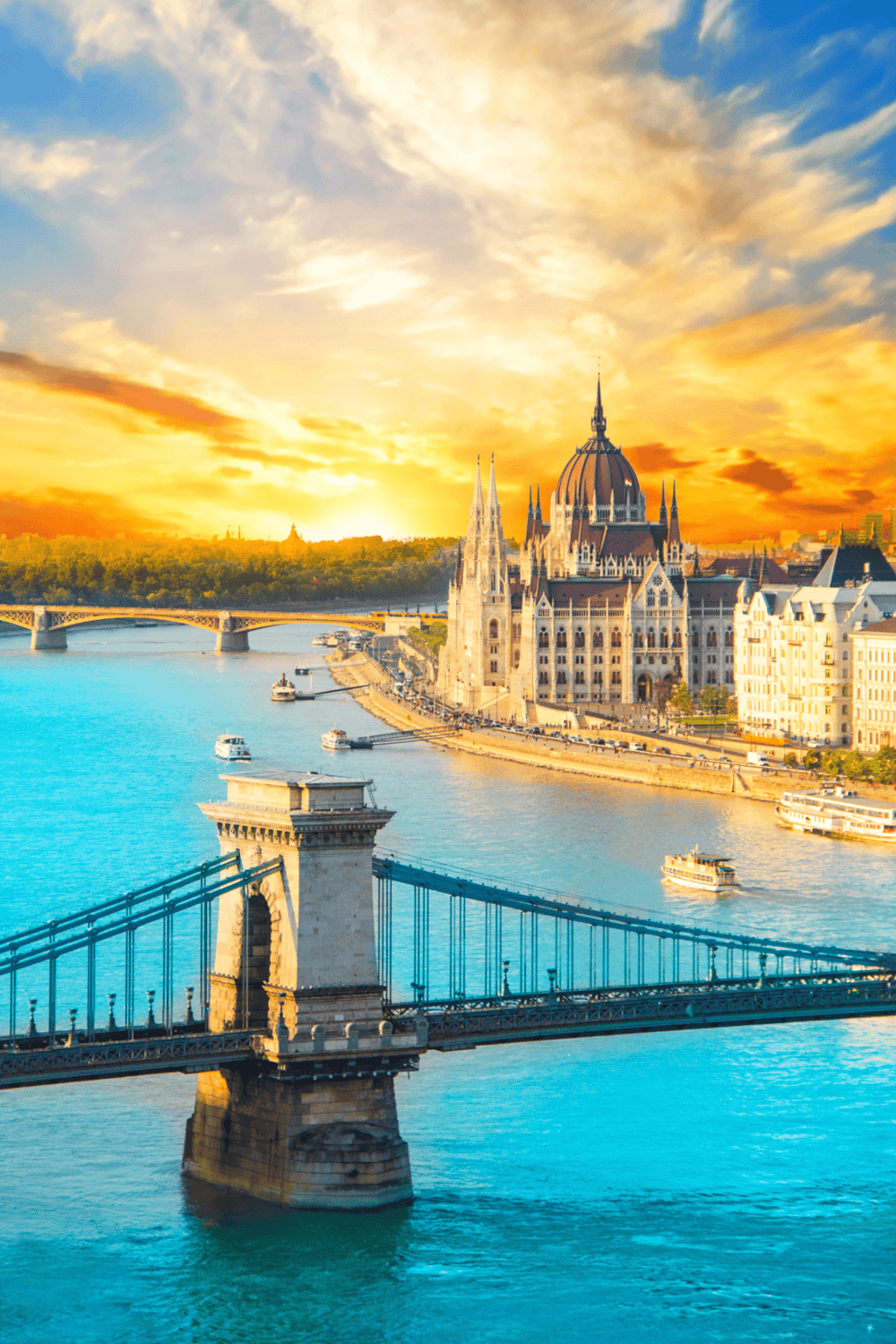 Majestic Budapest Parliament and Chain Bridge during sunset, Hungary travel, architectural landmarks.