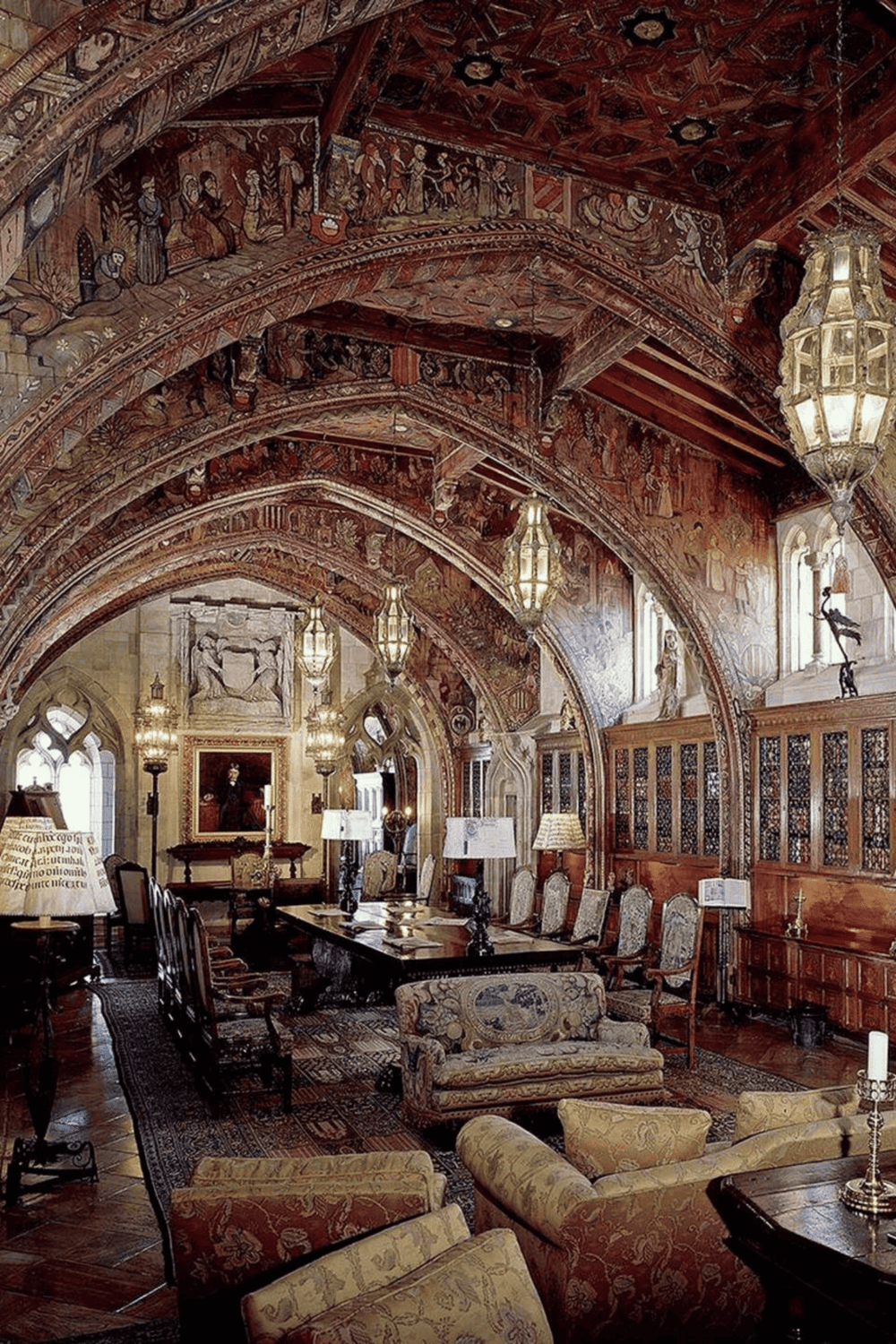 Ornate historic meeting room with gothic arches and detailed woodwork, ideal for elegant gatherings and events.