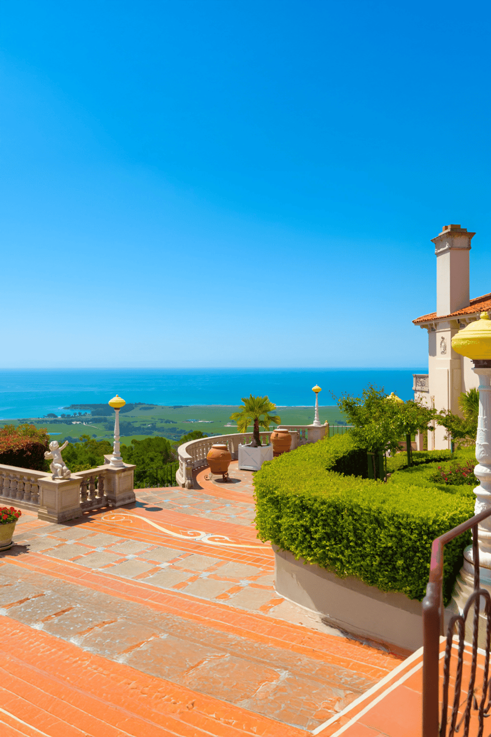 Stunning coastal view from luxurious villa terrace overlooking ocean and lush greenery.