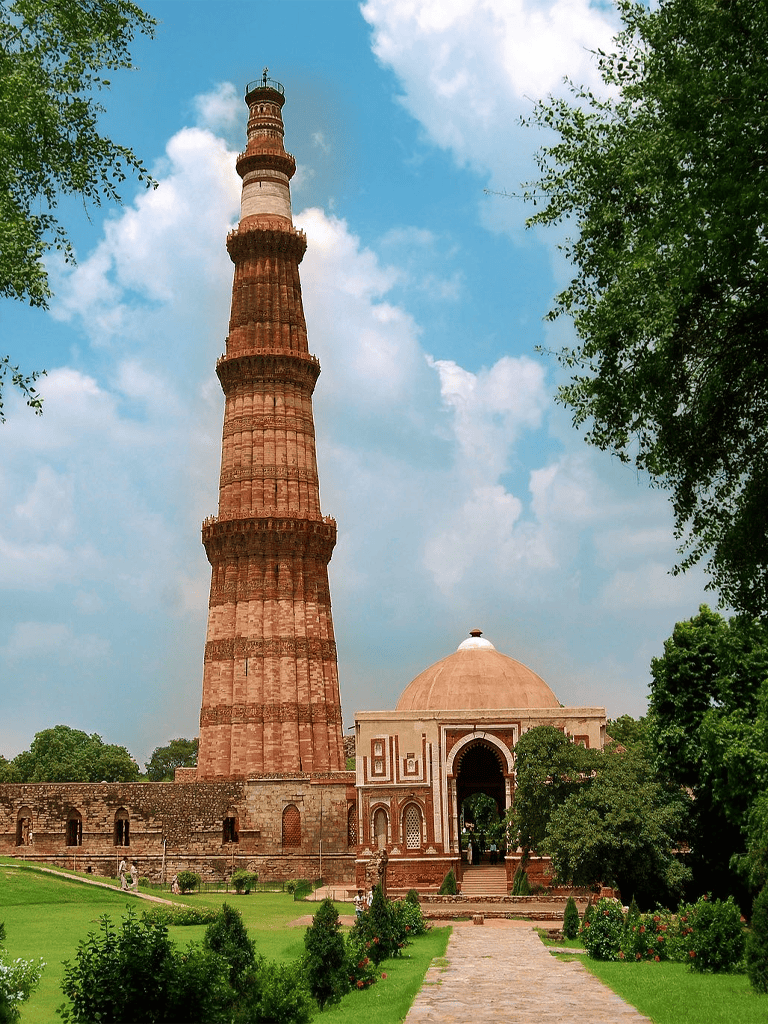 Ancient Qutub Minar tower in Delhi, India, showcasing historical architecture and tourism attractions.