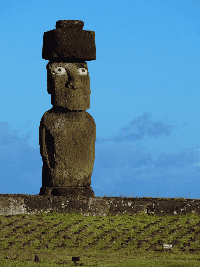 Ancient Moai statue on Easter Island with a clear blue sky background.