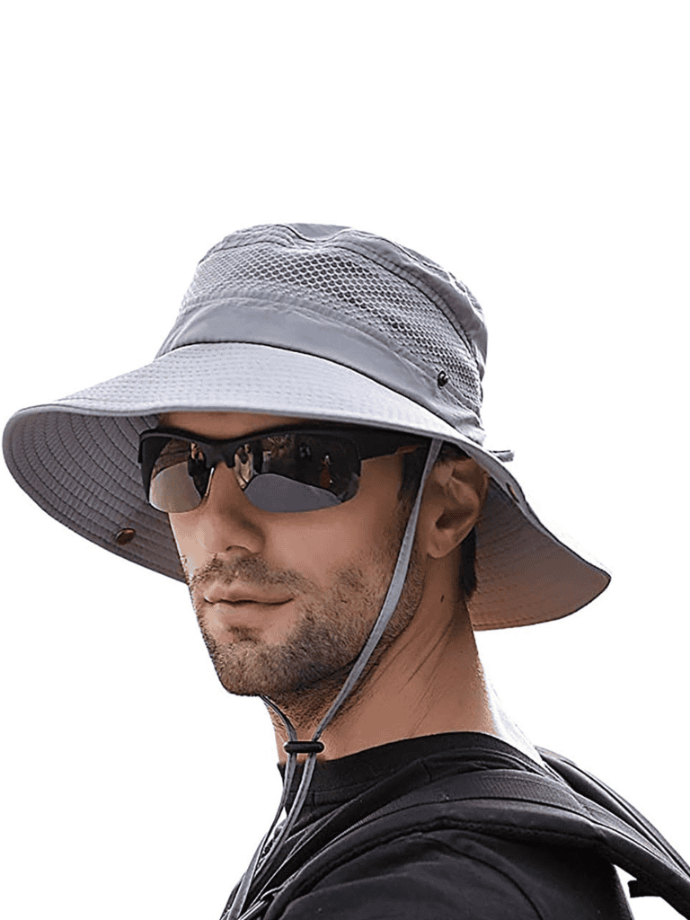 Sun protection hat and sunglasses for outdoor adventure and travel.