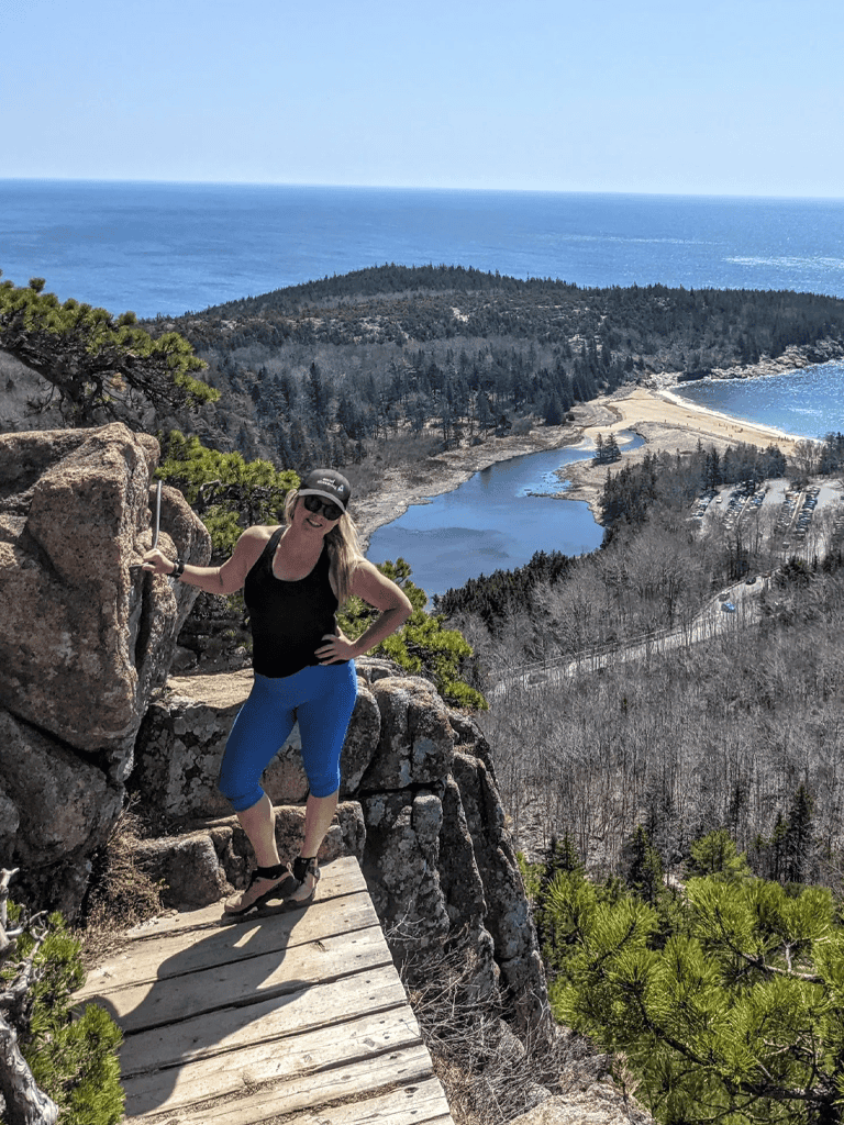 Breathtaking coastal mountain view with hiker overlooking forest and ocean scenery.
