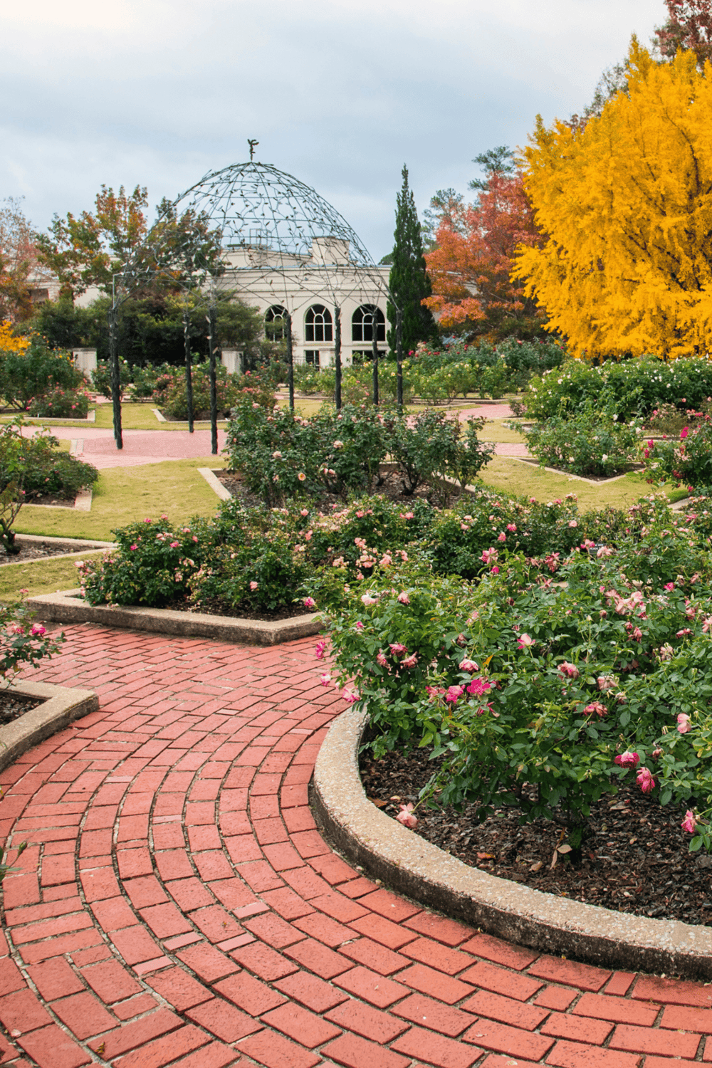 Colorful rose garden with a gazebo and vibrant fall trees at QuestForDirections.