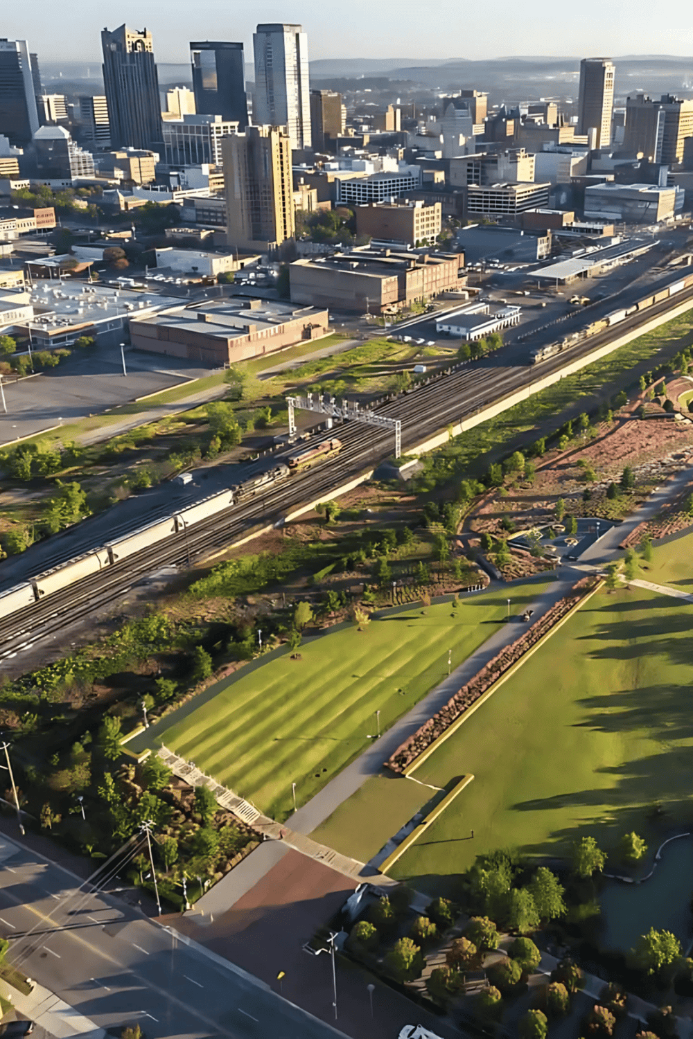 Skyline of a modern city with skyscrapers and a park in the foreground, aerial view of downtown with train tracks and green spaces, urban landscape, QuestForDirections SEO image.