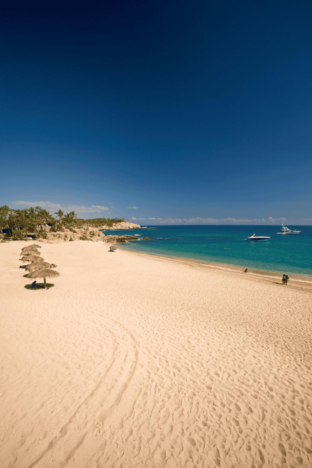 Serene tropical beach with clear turquoise waters, white sand, and palm trees, ideal for relaxation and vacation.