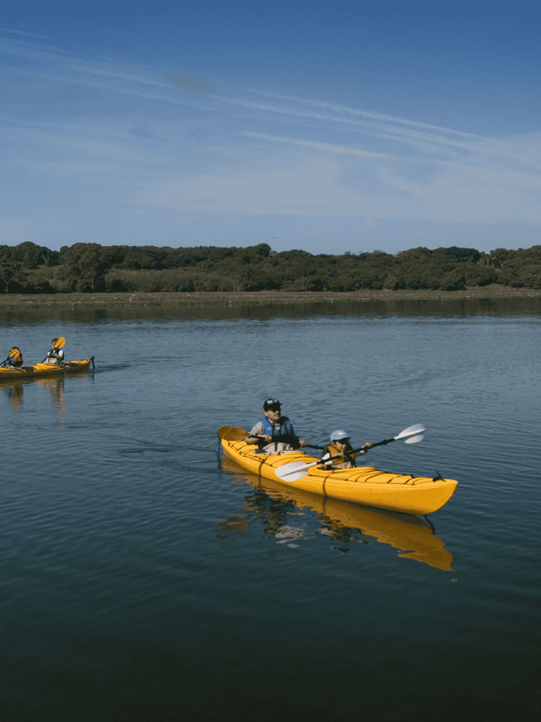 Children kayaking on calm river with scenic nature background, outdoor adventure, family fun, water sport activities, exploration, and safety gear.
