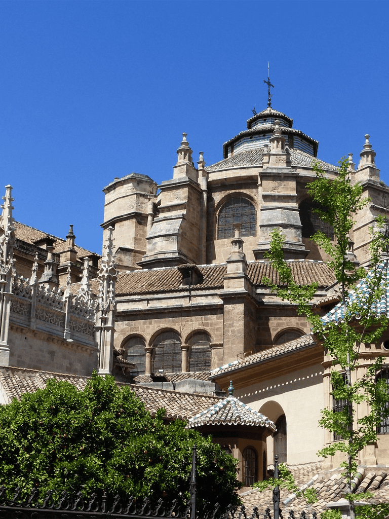 Historic cathedral cityscape, architectural design, Spain, Gothic, Baroque, ancient, cultural heritage.
