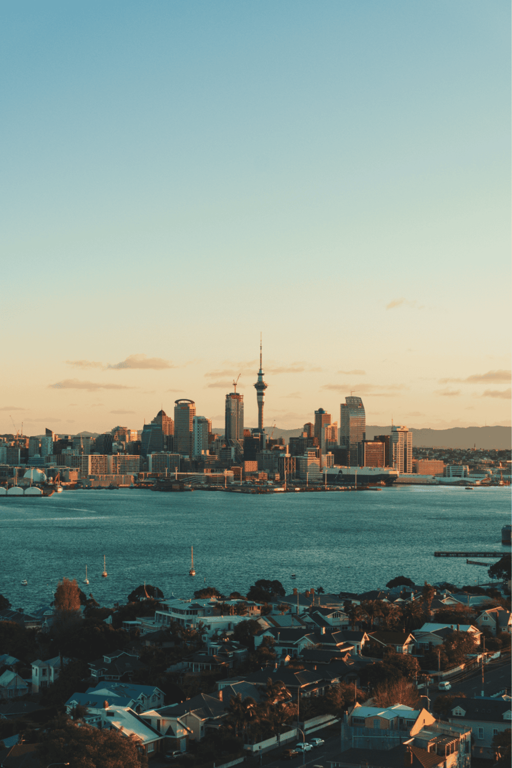 Panoramic view of Auckland city skyline and harbor, showcasing urban scenery and vibrant waterfront.