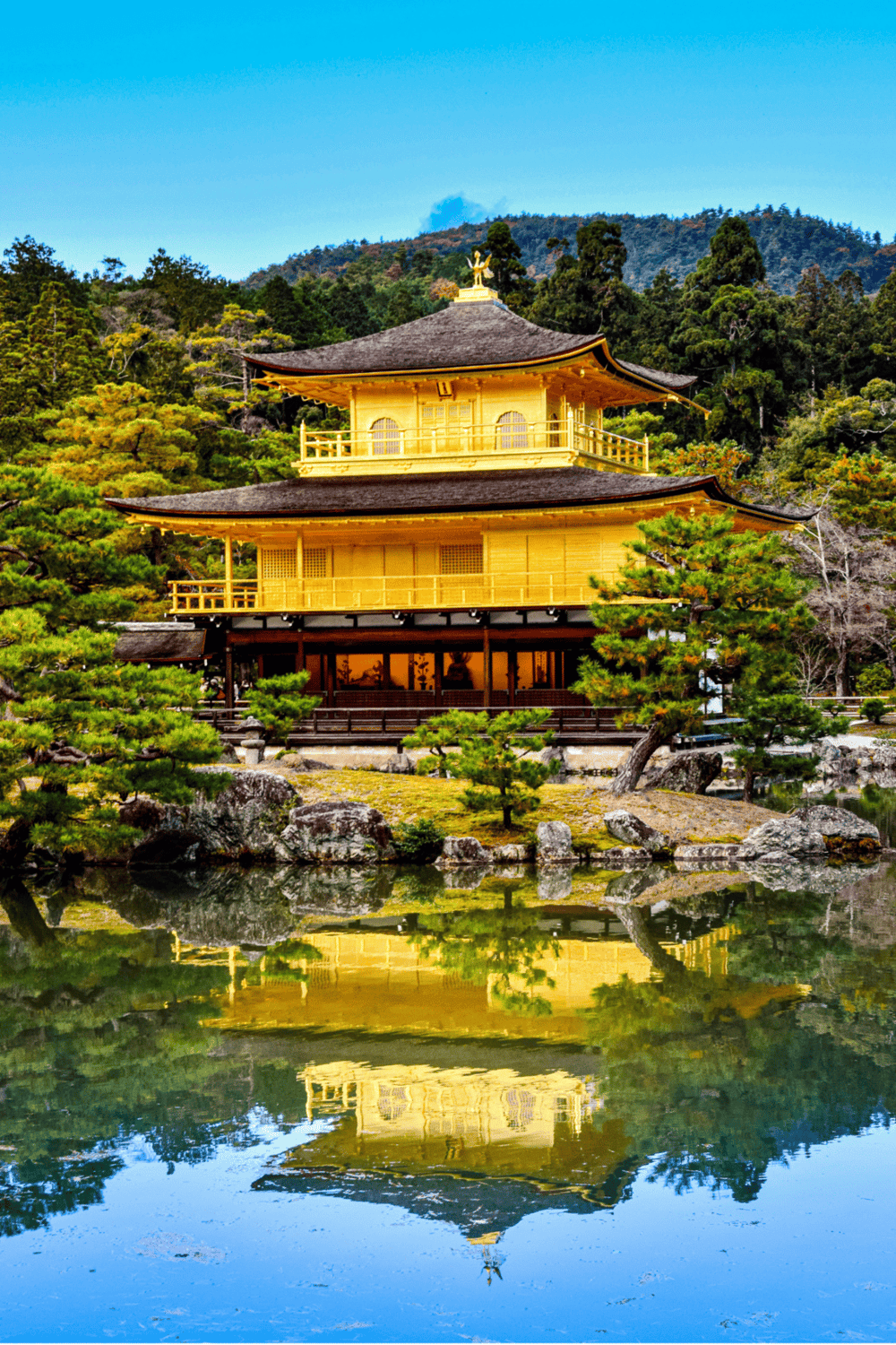 Golden Kinkaku-ji Temple in Kyoto, Japan, surrounded by lush greenery and reflecting in a peaceful pond.