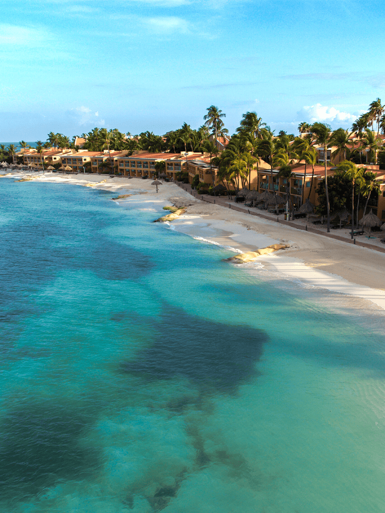 Stunning beachfront resort with clear blue waters and palm trees, perfect for tropical vacation relaxation.