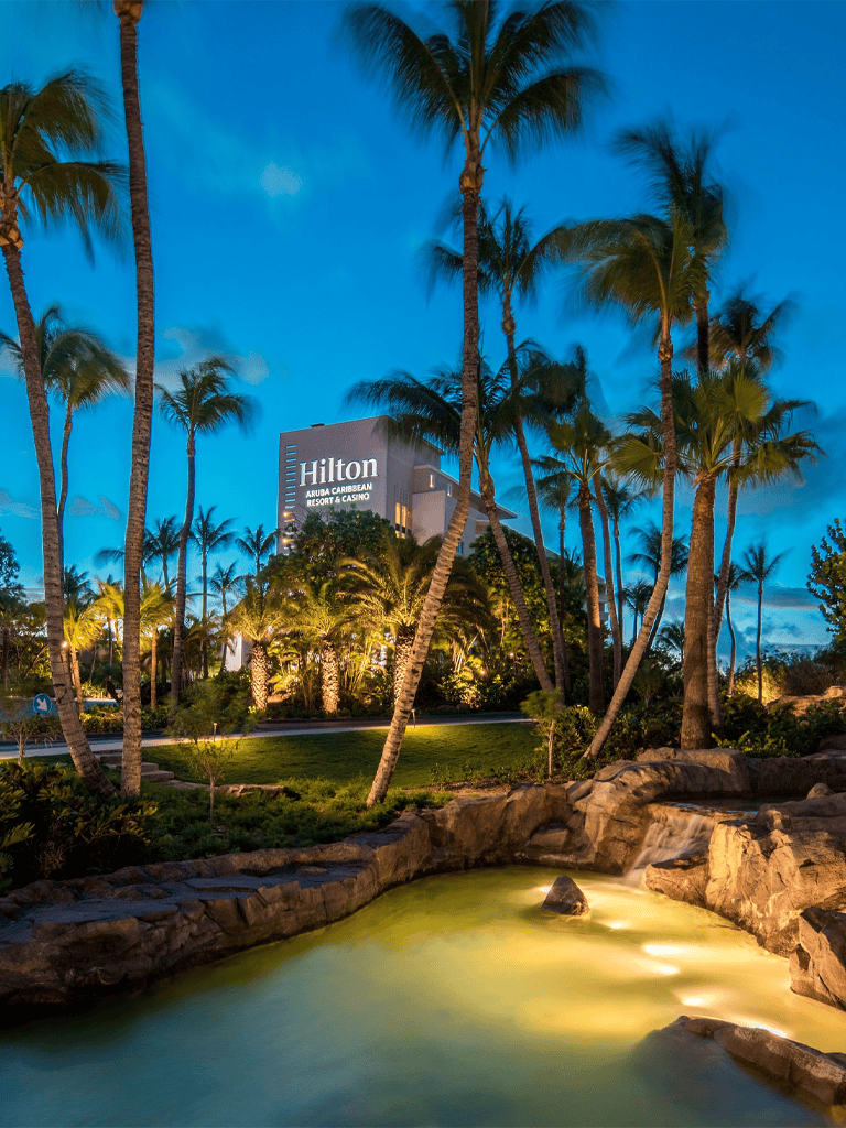 Luxurious Hilton Aruba Resort & Casino surrounded by palm trees at dusk, perfect for tropical vacation planning.
