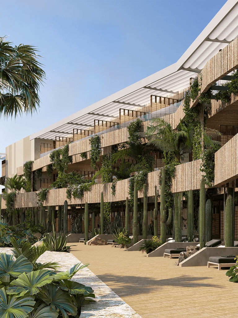 Luxurious modern hotel with lush greenery and scenic balconies, eco-friendly design inspired by nature.