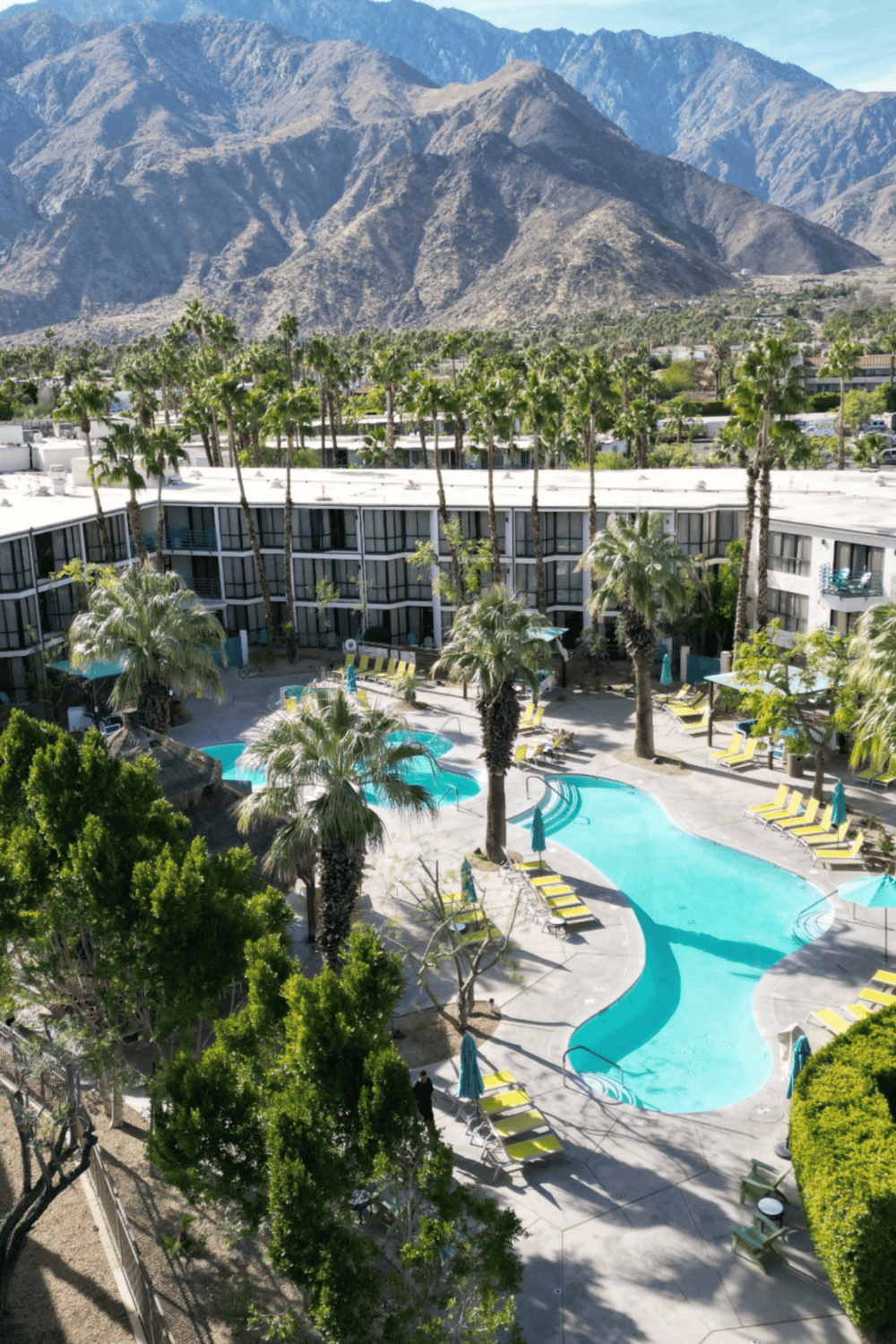 Upscale hotel pool area with palm trees and mountain views in Palm Springs.