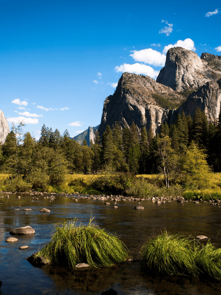 Serene mountain landscape with river and lush forest in national park, outdoor adventure, travel destination.