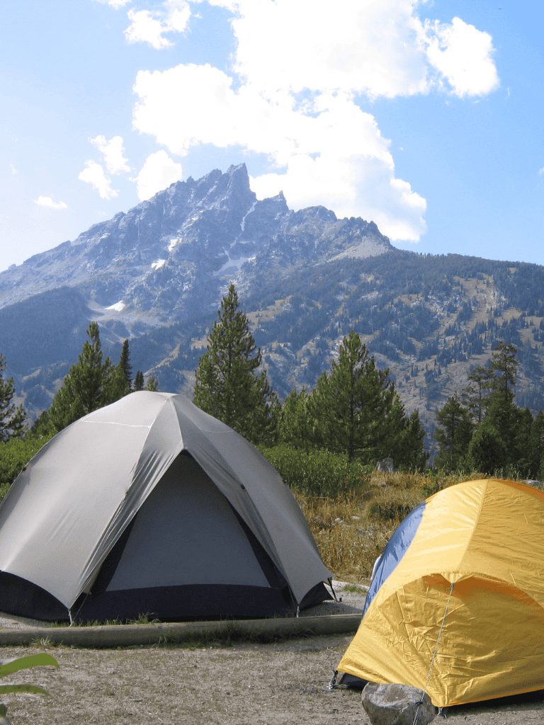 Secluded mountain campsite with tents, forest, and scenic mountain view, perfect for outdoor adventures.