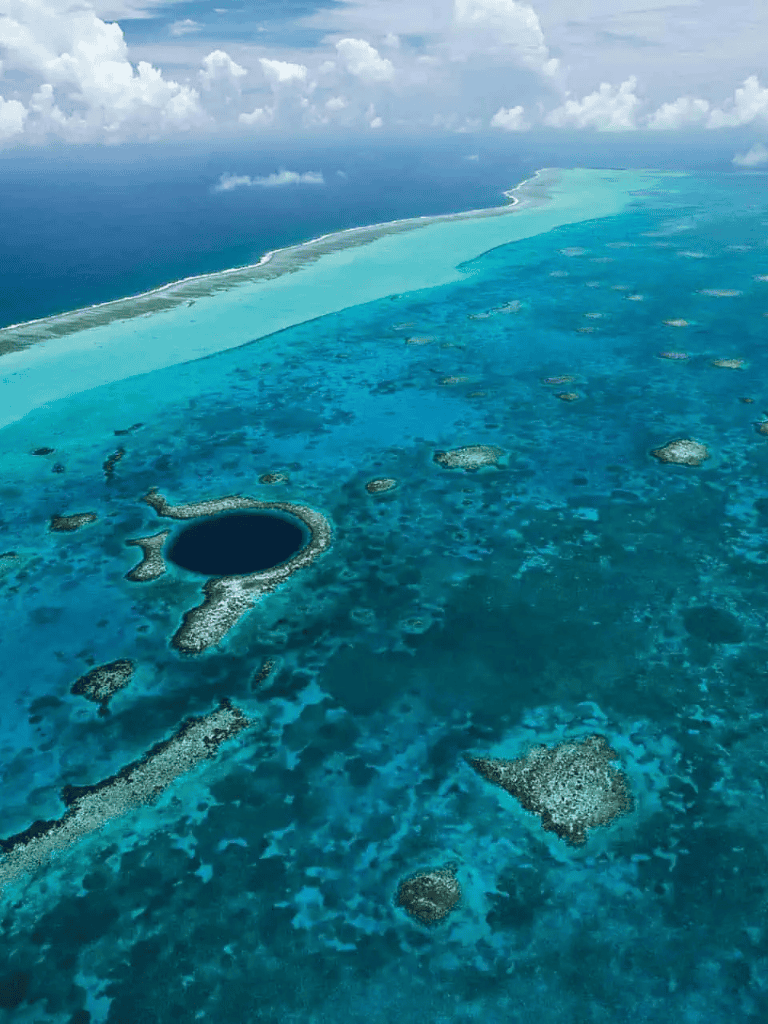 Colorful coral reefs and a deep blue lagoon in a tropical ocean, aerial view of clear water and underwater life.