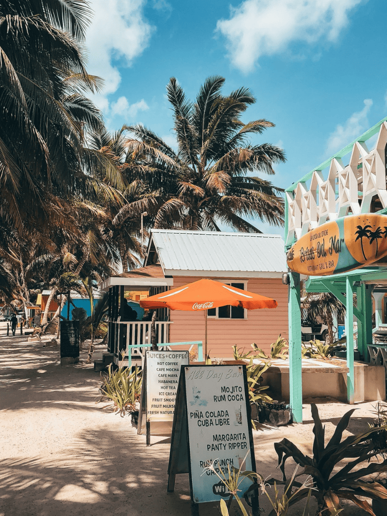 Relaxing beachside bar and café with tropical trees, refreshing drinks, and vibrant summer energy.