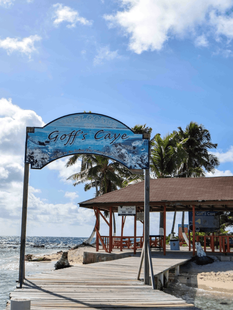Beachside dock leading to Goff's Cave with palm trees and clear blue sky.