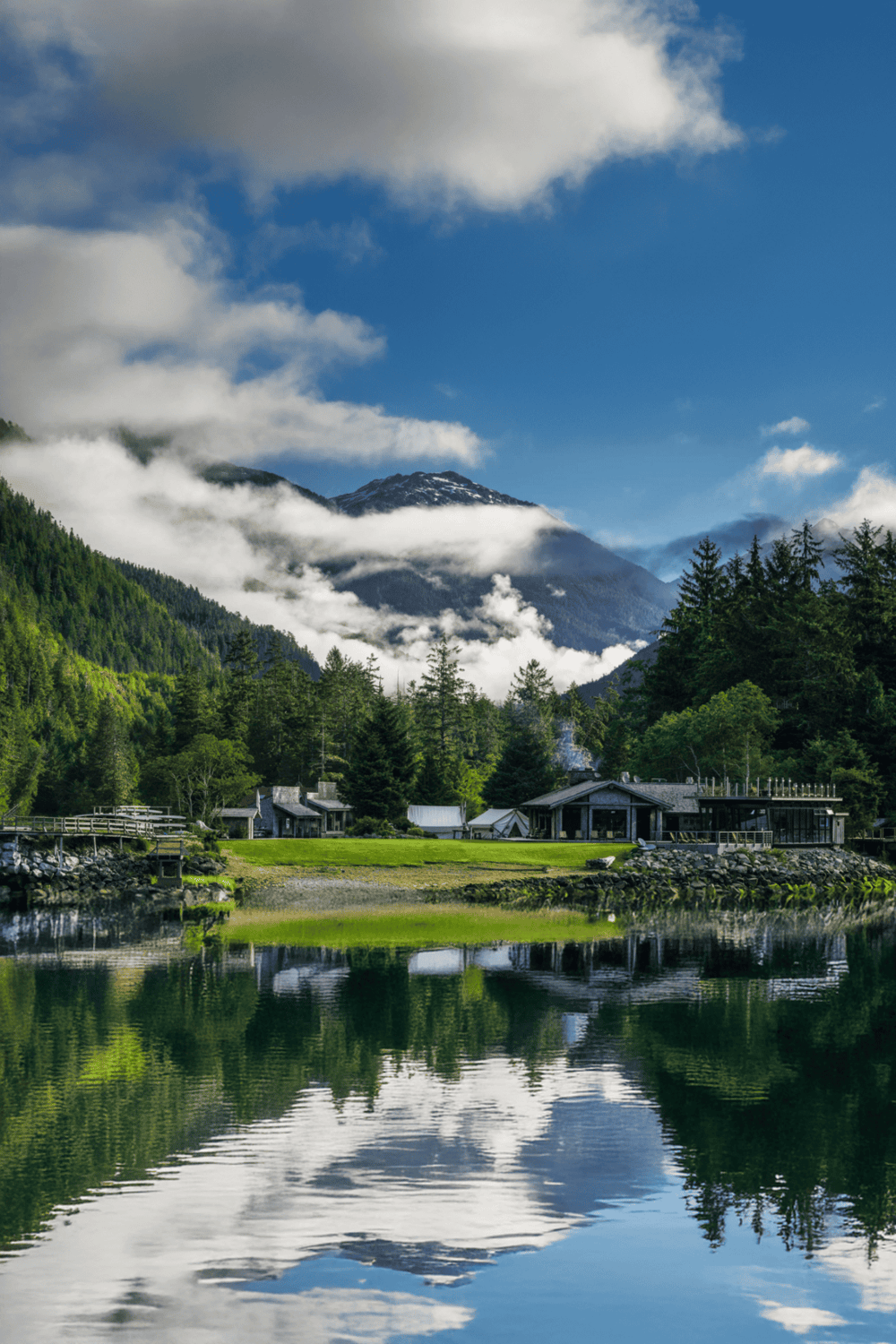Serene mountain lake with lush green trees and cozy cabins under a partly cloudy sky, showcasing scenic outdoor adventure spots.
